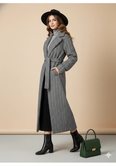 Balıksırtı/Chevron Desenli Yün Palto Kuşak Bağlama Detaylı Uzun Kaban Gri Kışlık Gri