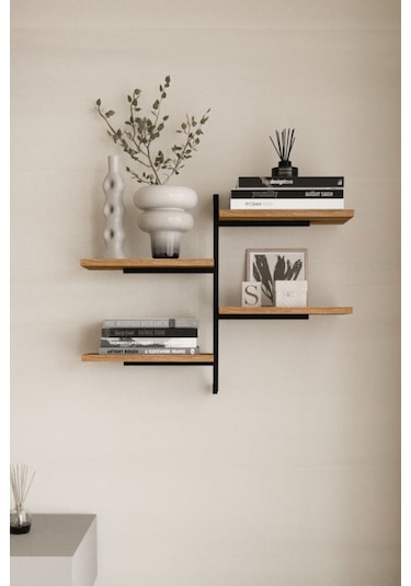 Aju 4 Katlı Duvar Rafı Metal Çerçeveli Dekoratif Kitaplık Ve Raf Ünitesi Modern Ve Minimalist Tasarımm Siyah