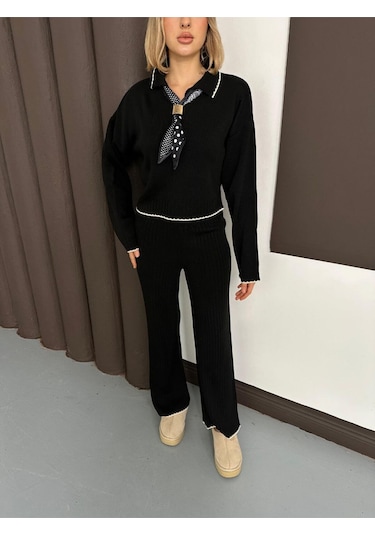 Newco Polo Yaka Fularlı Oversize Triko Takım Kazak Siyah