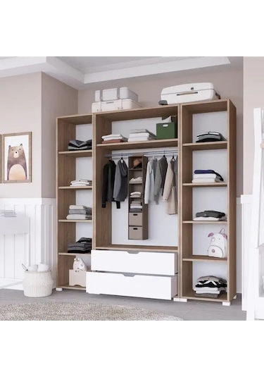 Nisan Açık Ceviz-beyaz 4 Kapılı 2 Çekmeceli Elbise Dolabı - Gardırop Seti Açık Ceviz & Beyaz