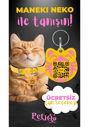 Petjoo 4.Maneki Neko Pembe-Sarı Qr'lı Kedi Künyesi