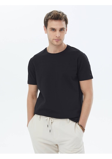 Kip Siyah Düz Bisiklet Yaka Pamuk Karışımlı T-shirt Siyah