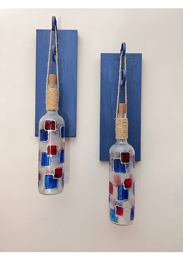 Led Işıklı Koyu Mavi Renkli Vitray Cam Salon Bar Bahçe Dekoru Şar Çok Renkli