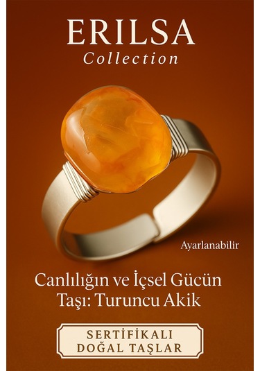 Sertifikalı Doğal Turuncu Akik Taşı Yüzük Ayarlanabilir Kalın Tımbıl Kasa Turuncu