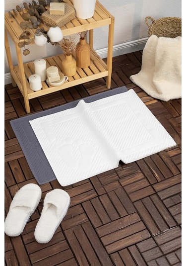 Leoline %100 Pamuk Premium 2'li Ayak Havlusu - Beyaz - Antrasit Beyaz - Antrasit