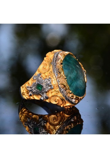 Gerçek Zümrüt Taşlı Yüzük, Zümrüt Yüzük, Katı Sterlin Gümüş Yüzük, Erkek Yüzüğü, Yeşil Gümüş