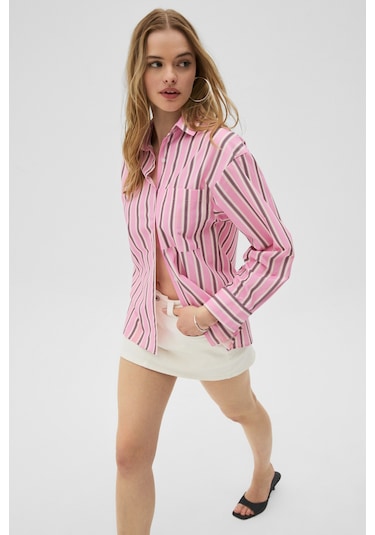 Grimelange Grımelange Mırel Kadın Oversize Fit %100 Organik Pamuklu Pembe Çizgili Gömlek