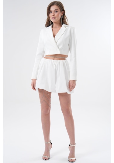 Saade Beyaz Kruvaze Crop Blazer Ceket Beyaz
