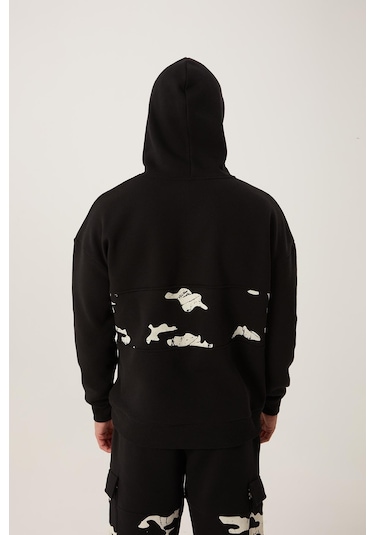 Polostate Erkek Kamuflaj Baskılı Kapüşonlu Sweatshirt Siyah