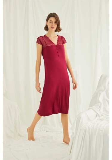 Monamise 18481 Kadın Kırmızı V Yaka Önden Düğmeli Dantelli Kısa Kollu Midi Büyük Beden Gecelik Kırmızı