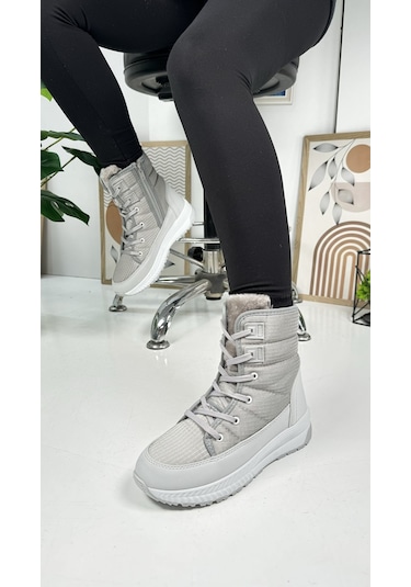 Günlük Kadın Kar Botu Kürklü Bağcıklı Fermuarlı Rahat Yüksek Kalın Tırtıklı Taban Bootie 815 Buz