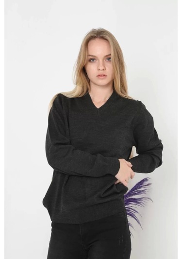 Blacktree Unisex Uzun Kol V Yaka Triko Kazak - Füme Füme