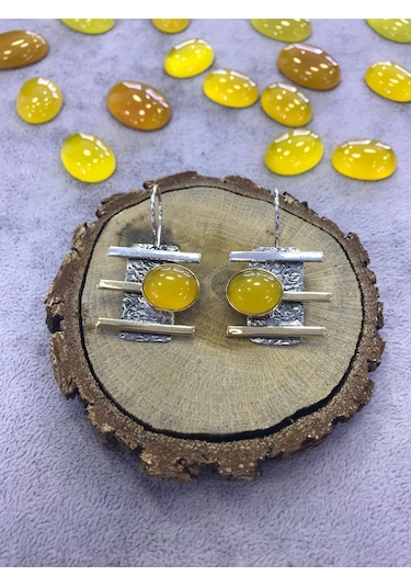 Sarı Akik Taşlı 925 Ayar Gümüş Küpe