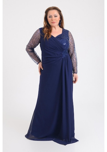 Lilas Xxl Kadın Büyük Beden Şifon Uzun Abiye Elbise 9651 Lacivert Lacivert