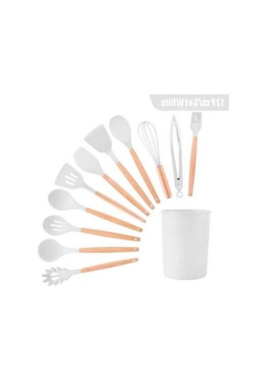 Novahub Beyaz Silikon Yapışmaz Mutfak Aletleri Seti, Tencere Spatula Kürek Yumurta Çırpıcı Ahşap Saplı Gıda Sınıfı Set Beyaz
