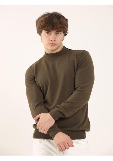 Dufy Haki Erkek Slim Fit Yarım Balıkçı Yaka Triko - 91087 Haki