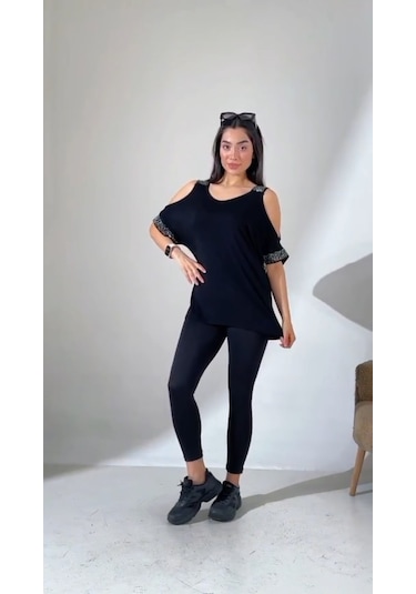 Elaxi Kadın Omuz Dekolteli Taş Detaylı Oversize Viskon Bluz Siyah