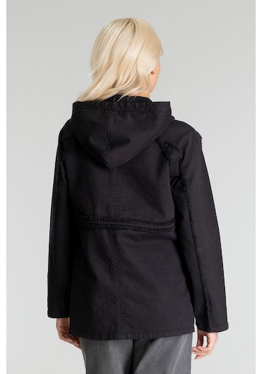Kadın Power Likralı Pamuklu Kumaş Kapişonlu Fermuarlı Kordonlu Pis Dikişli Mont Siyah