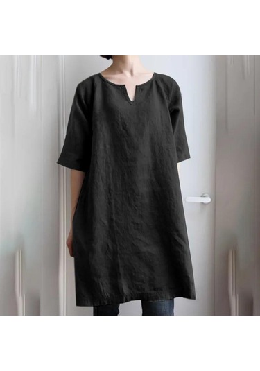 Kadın Düz Renk V Yaka Günlük Midi Elbiseler Siyah