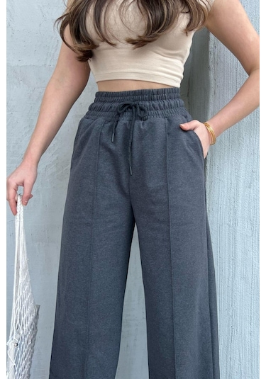 Siyah-lacivert-gri-antrasit Kadın Mevsimlik Salaş Geniş Paça Yüksek Bel 4'lü Eşofman Altı Siyah - Lacivert - Antrasit