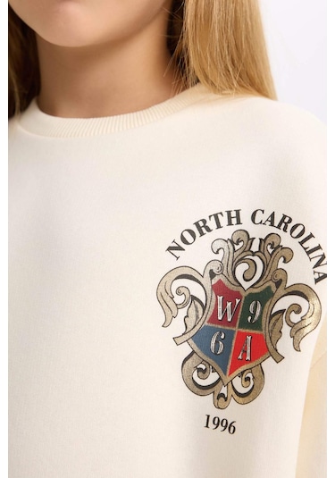 DeFacto Kız Çocuk Relax Fit Bisiklet Yaka Baskılı İçi Yumuşak Tüylü Sweatshirt D4272A824WNER233 Ekru