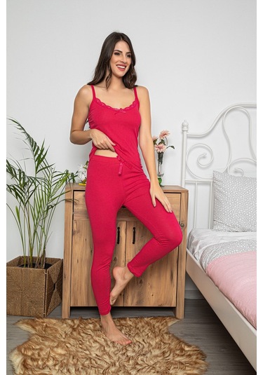 Kadın Fuşya Renkli Dantel Detaylı Şortlu Ve Taytlı Pijama Takımı 3'lü Set 75008 Fuşya