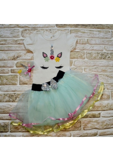 9-12-18 Ay Payetli Pony Nakışlı Tokalı Kısa Kollu Tütü Etek 3lü Kız Bebek Takımı Su Yeşili