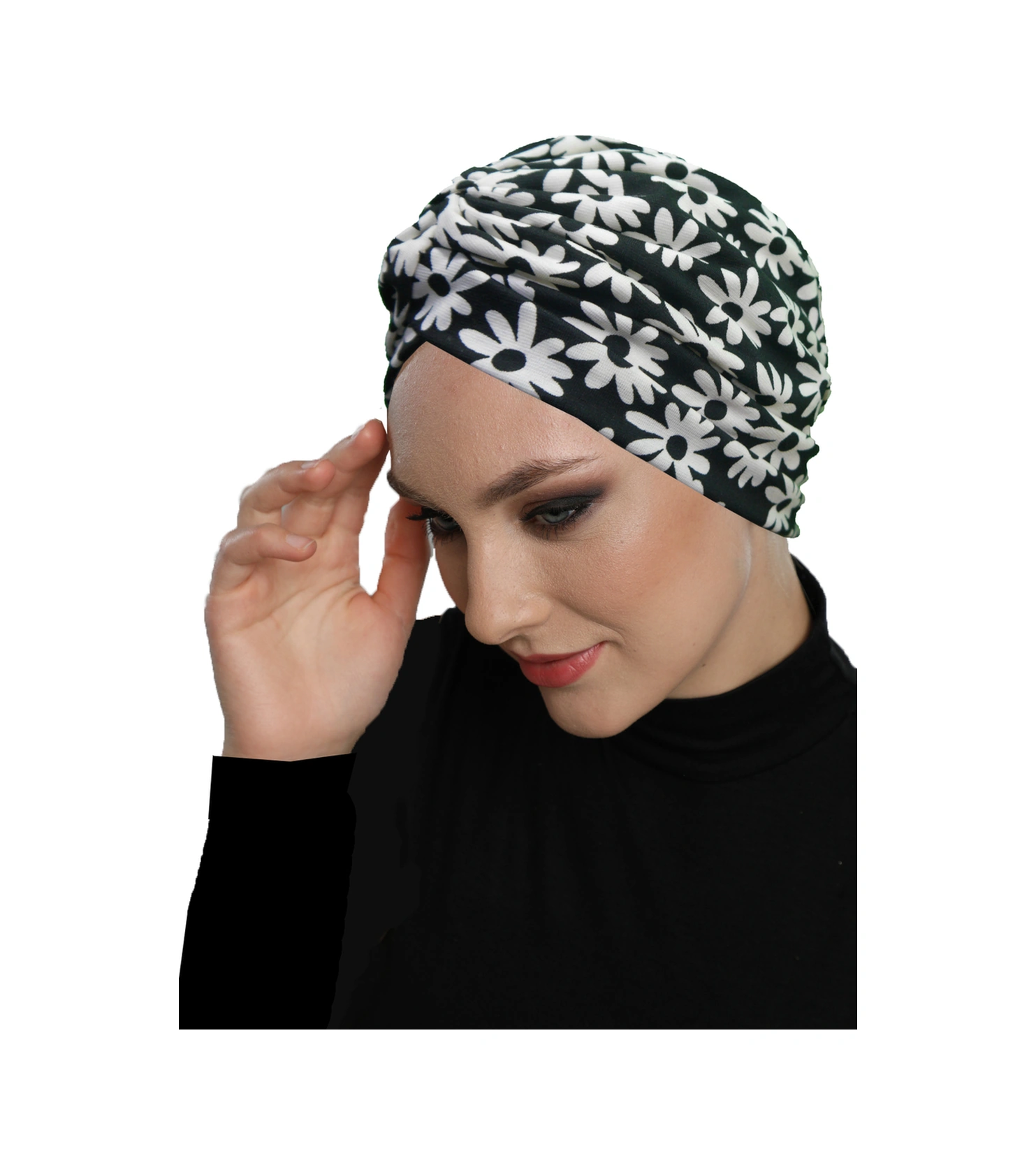 Gece Çiçeği Desenli Çapraz Ve Bant Detaylı Astarlı Hazır Türban Tesettür Havuz Bonesi Siyah-beyaz
