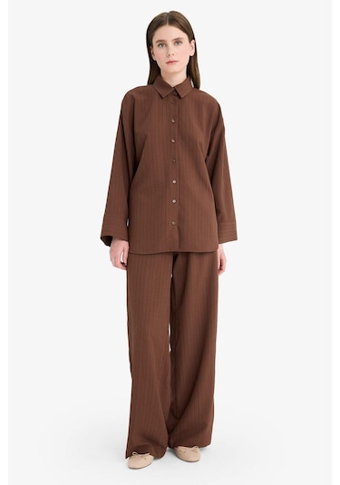 DeFacto Relax Fit 2'li Takım Gofre Dokulu Uzun Kollu Gömlek Pantolon F4094AX25SMBN320