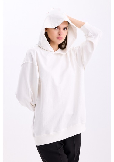 Pastelastore Pamuklu Kapüşonlu 2 İplik Baharlık Oversize Sweatshirt Ekru