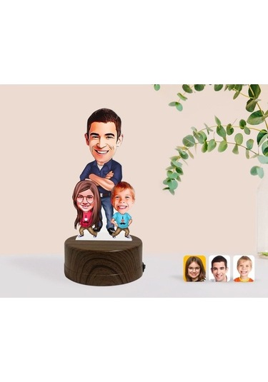 Kişiye Özel Baba Kız Oğul Karikatürlü Dekoratif 3D Biblo Led Işık