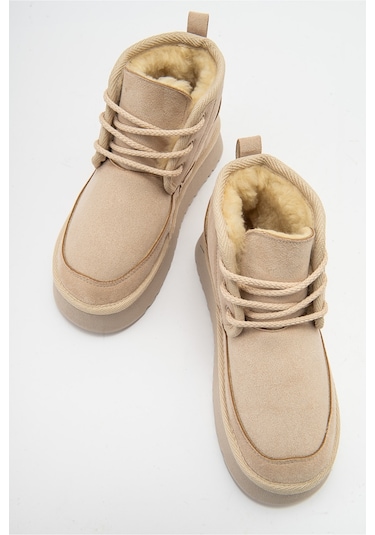 Luvishoes Ovela Bej Kalın Taban Bağcıklı Kadın Spor Bot Bej