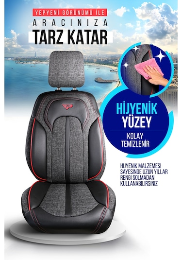 Füme - Kırmızı Panda Sevılla Serısı Keten Kumaş Oto Koltuk Kılıfı - Tam Set