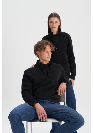 Erkek Sıyah Anti-pilling Tüylenme Yapmayan Standart Fit Dik Yaka Polar Sweatshirt Siyah