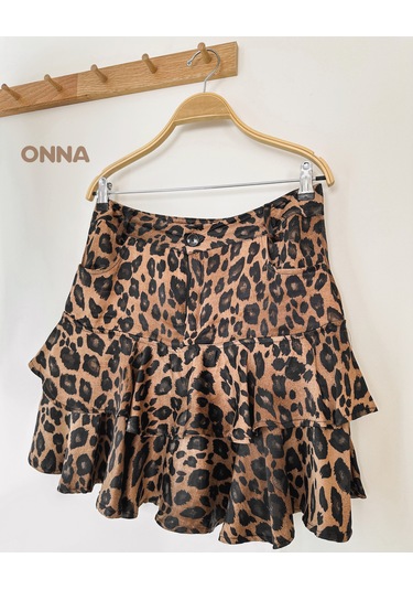 Modaonna Kat Detaylı Leopar Desen Saten Etek Kahverengi
