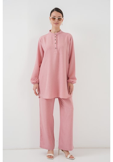 Bigdart 6678 Keten Tunik Pantolon İkili Takım - Pembe