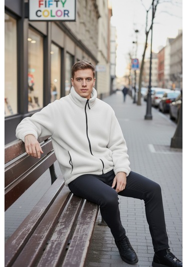 Beyaz Premium Kalite Dik Yaka, Fermuarlı, Polarlı, Peluş Ceket Beyaz