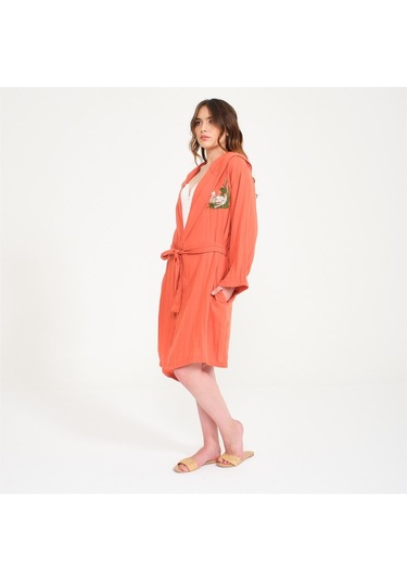 Ördek Nakışlı Kısa Kapüşonlu Müslin Kadın Bornoz-Kiremit