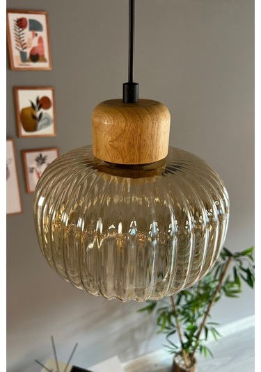 Mola Cam Bal Rengi Tekli Avize Geniş Ahşap Başlık Retro Sarkıt Lamba Restoran Salon Aydınlatma Bal