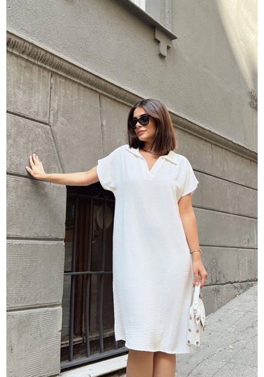 Ekru Kısa Kol, Polo Yaka, Dokulu Kumaş, Basic Kalıp/kesim, Aerobin Rahat Midi Elbise Ekru