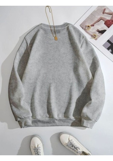 Spiritual Çizgi Figür Sweatshirt - Gri Baskılı Oversize Kalın Kışlık Bisiklet Yaka Gri