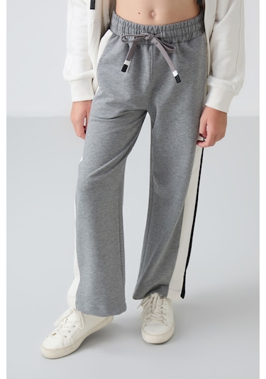 Tommy Life Gri Melanj Yırtmaç Detaylı Cepli Geniş Paça Kız Çocuk Eşofman Alt - 75141 Gri Melanj