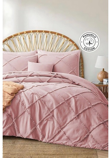 Evlen Home Pamuklu Aimar Yatak Örtüsü Takımı Çift Kişilik Günlük Boho 3 Parça Elyaf Dolgulu Pudra Pudra