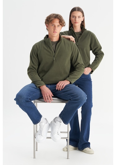 Erkek Hakı Anti-pilling Tüylenme Yapmayan Standart Fit Dik Yaka Polar Sweatshirt Haki