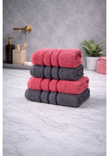 4'lü Pamuklu Banyo Havlu Seti 70x140-50x70 Antrasit - Pembe