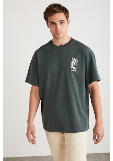 Antonıo Erkek Baskı Detaylı %100 Organik Pamuk Örme Oversize Yeşil T-shirt