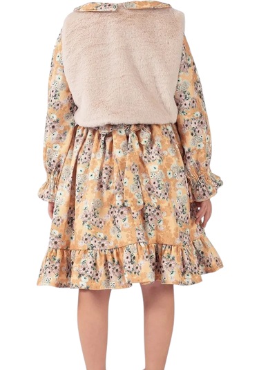 Kız Çocuk Çiçek Desenli Peluş Yelekli Midi Boy Astarlı Elbise Hardal