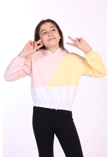 Toontoy Kız Çocuk Garnili Kapüşonlu Sweatshirt Pudra