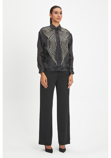 Kadın Şifon Gömlek - Zarif Boncuk İşlemeli Siyah