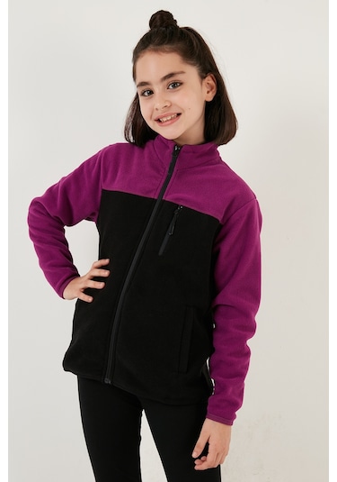 Lela Yumuşak Dokulu Fermuarlı Renk Bloklu Dik Yaka Cepli Hırka Unisex Çocuk Polar 5905001 Mor-Siyah